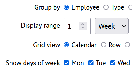 Schedule calendar configration options form